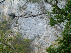On distingue des randonneurs accrochés à la falaise 