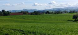 Vue sur le Beaujolais et les éoliennes de Valsonne