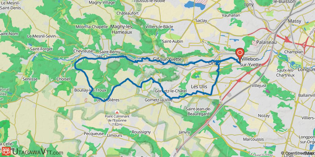 Villebon - Orsay - Ulis - Gometz - Molières - Boullay-les-Troux - Chevreuse et retour par l'Yvette